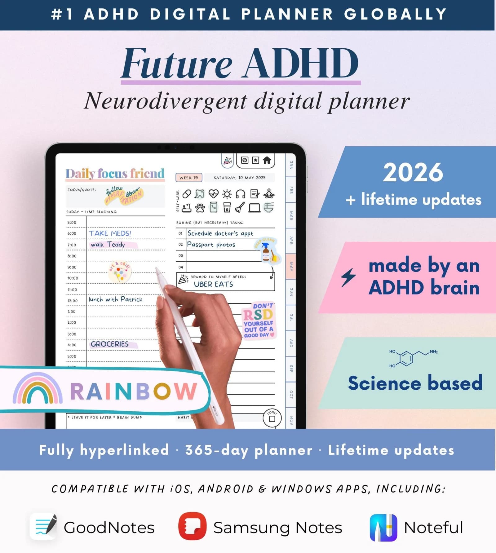 2026 Rainbow ADHD Digital Planner: Self-Care & Habits